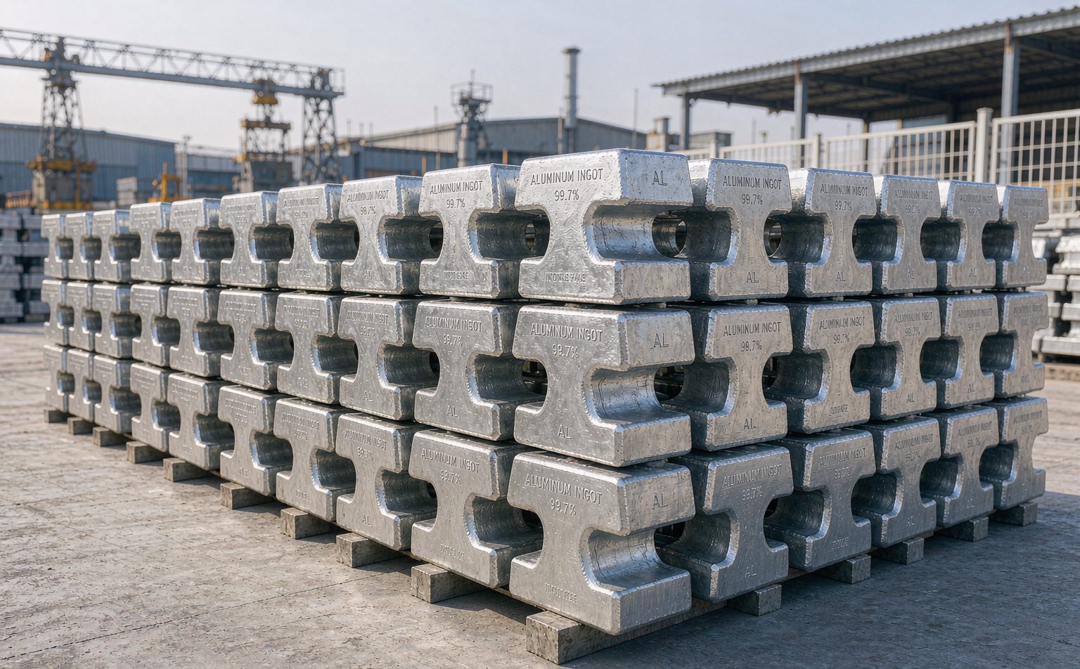 Aluminum ingots stacked in yard